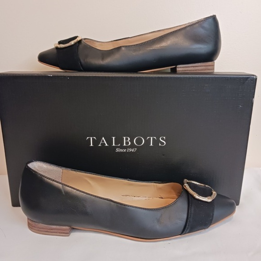 Talbots Edison Black Leather Pointed Toe‎ Flats Gold Bamboo Buckle 6.5M
